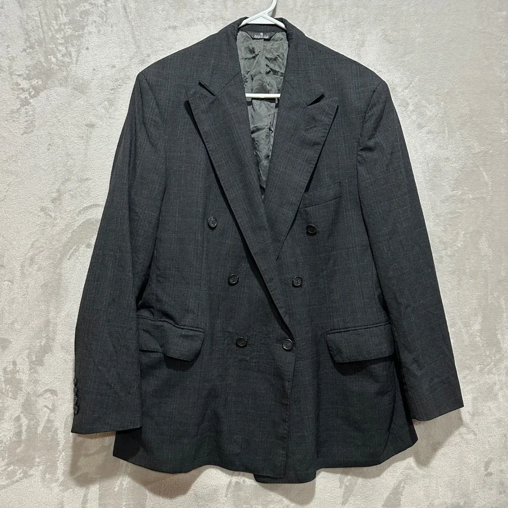 VTG Polo University Club by Ralph Lauren Gray Plaid Wool Double Breasted Blazer